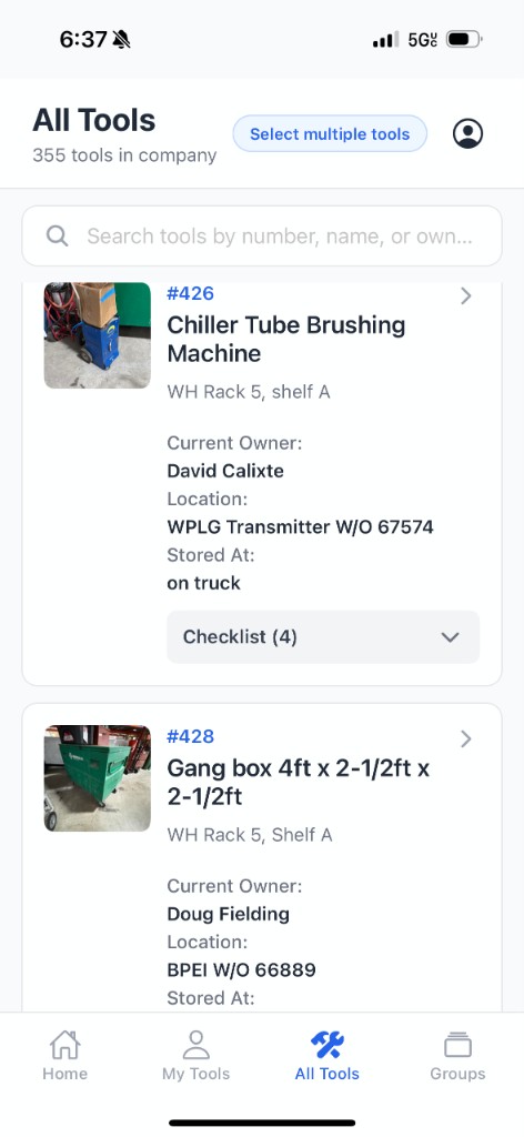 All Tools screen showing tool inventory with photos and current owners